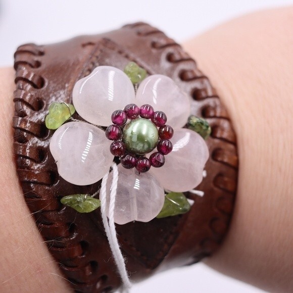 The Purple Door Leather Stone Bead Flower Cuff Adjustable Bracelet Boho - Picture 2 of 9